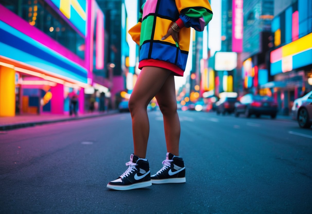 A colorful, neon-lit city street with bold geometric patterns, oversized shoulder pads, and high-top sneakers, capturing the vibrant 80s fashion trends